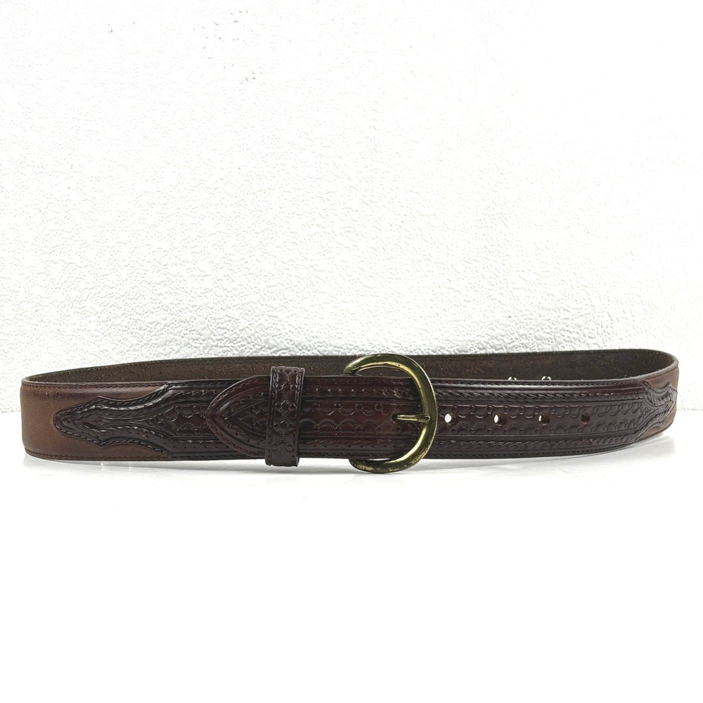 Justin Tooled Leather Belt Mens 34 Brown Western Basketweave Cowboy Equestrian